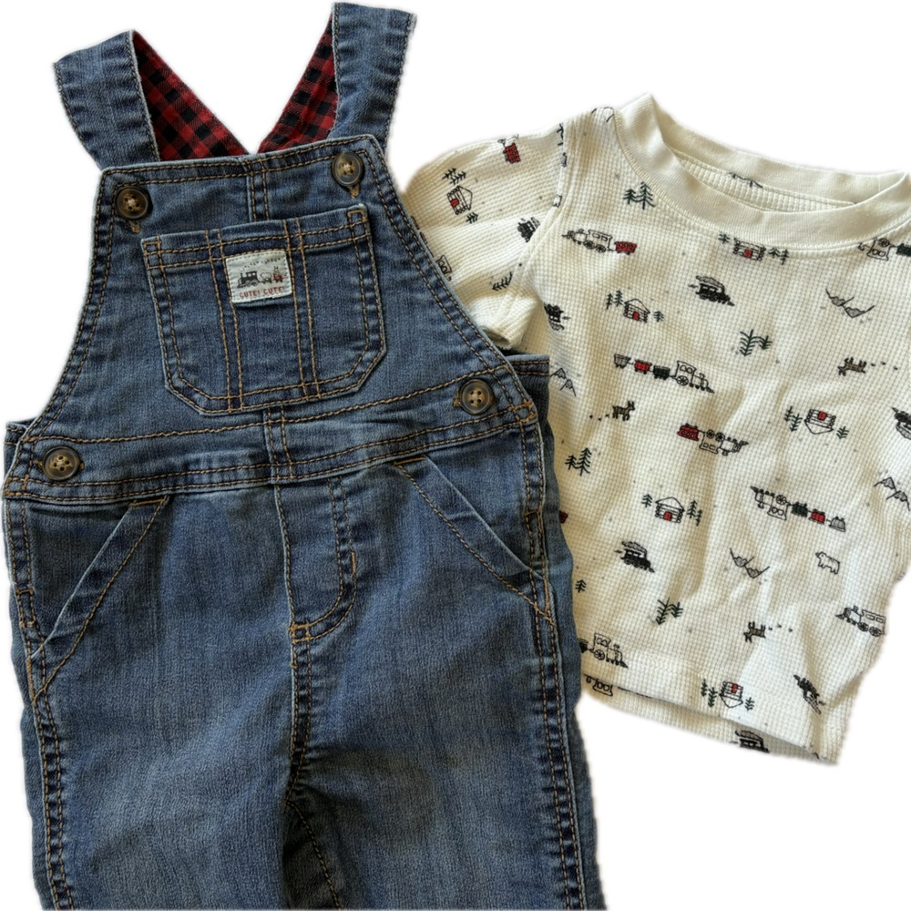 Carter's Denim Buffalo plaid Overall and long sleeve top. baby boy matching set.